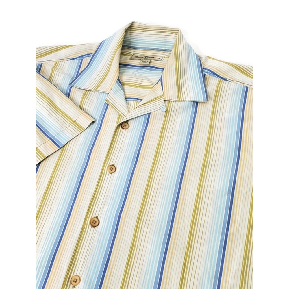 Tommy Bahama Mens Large Cotton Striped Short Sleeve Button Down Camp Shirt Blue
